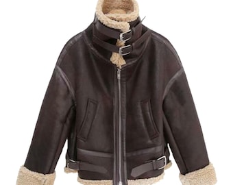 B3 RAF Bomber Brown - Aviator Flying Fur - Shearling Real Leather Jacket Coat For Women