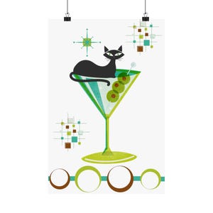 Cartel retro de Martini de gato atómico – Impresión de arte moderno de mediados de siglo – Decoración de bar de cócteles de estilo vintage