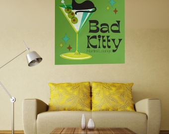 Affiche rétro atomique de salon de martini Bad Kitty - déco de bar d'inspiration vintage