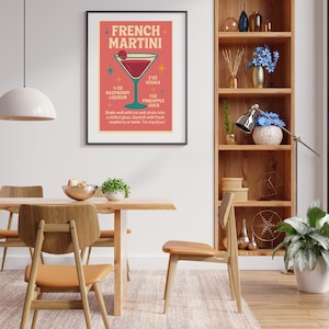 Vertical Poster, French Martini Recipe Wall Art, Retro Kitchen Decor, Bar Cart Print, Mid-Century Modern Art, Pink Palette Artwork, Digital