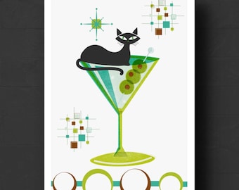 Retro Atomic Cat Martini Art Print - Mid-Century Modern Cocktail Decor