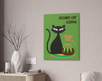 Impresión en lienzo de "Cat Coffee" de Atomic Cat: decoración retro de mediados de siglo