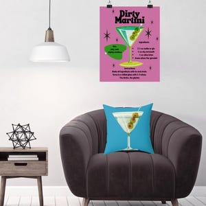 Martini-sierkussen – retro decor blauwe barwagen, modern feestaccent uit het midden van de eeuw, kussen cocktaillounge