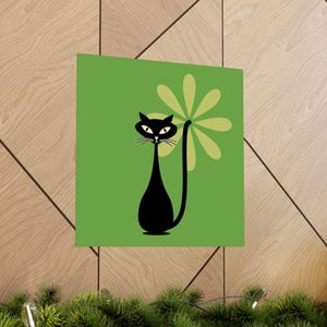 MCM Retro Whimsical Atomic Cat Green Matte Vertical Poster - Vintage Mid Century Modern Wall Art, Home Decor Print, Unique Animal Lover