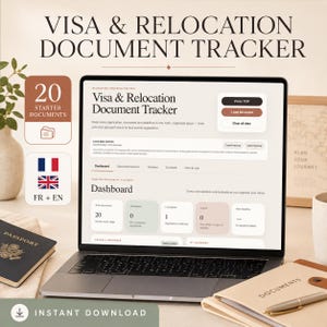 Peut inclure: Un écran d'ordinateur portable affichant une interface de suivi de documents de visa et de relocalisation avec des onglets pour le tableau de bord, le suivi, la chronologie et les contacts, incluant 20 documents de départ et des indicateurs.