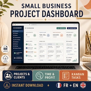 Peut inclure: Un tableau de bord numérique de projet pour petite entreprise affiché sur un écran d'ordinateur portable, présentant un aperçu des projets actifs, des heures suivies, des revenus prévus, des profits estimés, des tâches kanban et des échéances. L'interface inclut des menus de navigation et des options d'exportation.