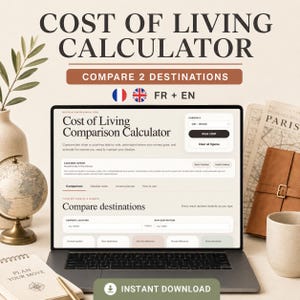 Peut inclure: Un calculateur numérique de coût de la vie affiché sur un écran d'ordinateur portable. L'interface comprend des champs pour comparer deux destinations, une sélection de devise et des boutons pour imprimer ou effacer les données saisies.