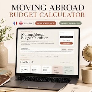 May include: A laptop screen displaying a Moving Abroad Budget Calculator interface with a dashboard showing estimated budget, actual spending, remaining budget, and emergency fund figures. The software includes currency selection, print options, and data controls.