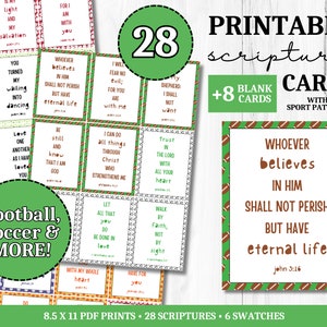 28 Printable Scripture Cards + 8 Blank Cards with Sport Patterns | Football, Soccer, Volleyball, and MORE | Biblical Affirmation Cards