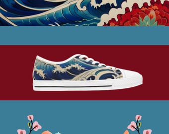 Kanagawa Japan Art Woman Sneakers, Stilvolle Low Top Canvas Schuhe, Alltagskleidung, Geschenk für Freunde | Japanische Wellen Kunst