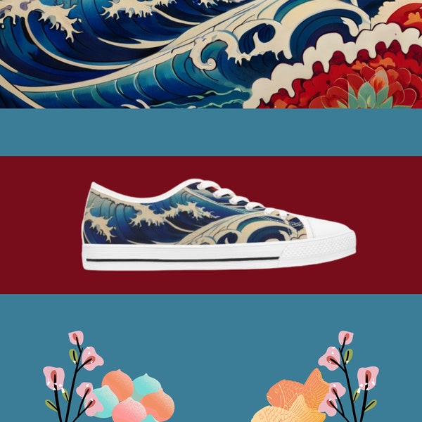 Kanagawa Japan Art Woman Sneakers, Stilvolle Low Top Canvas Schuhe, Alltagskleidung, Geschenk für Freunde | Japanische Wellen Kunst
