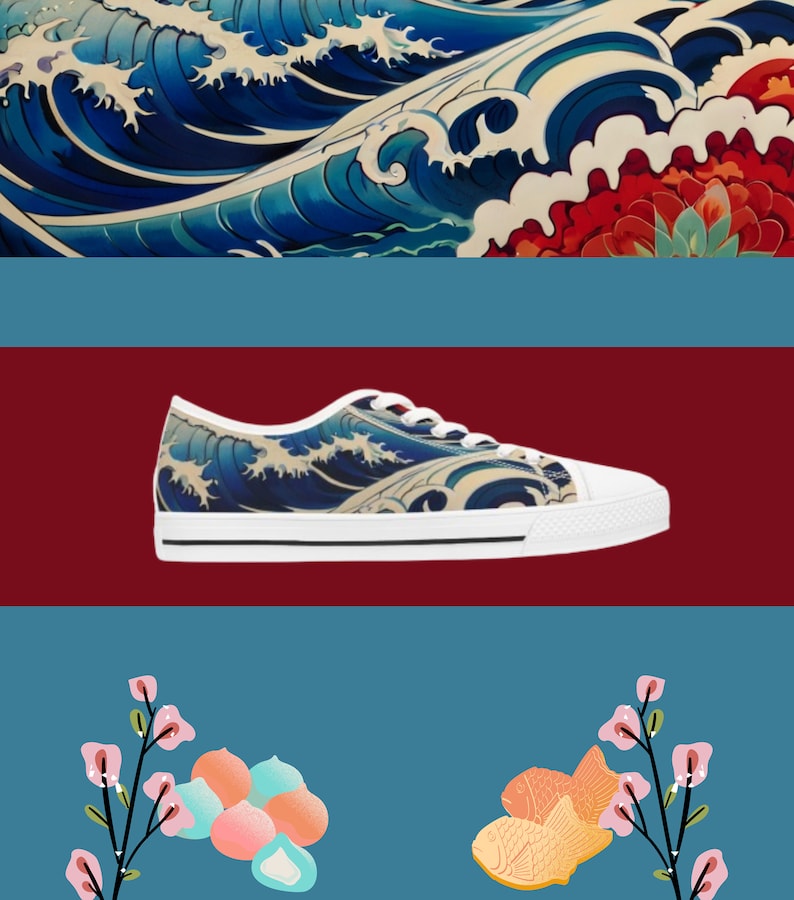 Baskets Kanagawa Japon Art pour femme, Chaussures basses élégantes en toile, À porter au quotidien, Cadeau pour amis Art japonais des vagues image 1