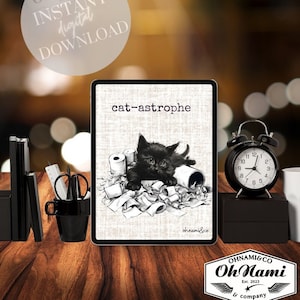 Cat-astrophe, black kitten making a mess, Cat Digital Art, Black Cat Wall Art, Cat Lover Gift, Black Cat Painting, kitten Printable Wall Art