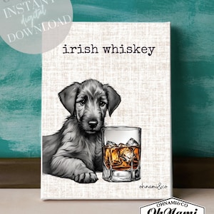Irish Whiskey Wandkunst, Irish Wolfhound Digitaldruck, Irischer Hund Wanddekoration, wunderlicher Hund Kunstdruck, Irish Wolfhound Pup, Wolfshund lustig