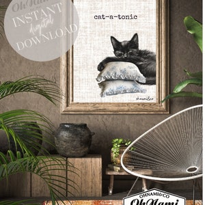 Cat-a-Tonic Wall Art, Cat laying on vintage pillows, Cat Poster, Sleeping Cat Print, Catatonic Black Cat, lazy Black Cat, Cat lover decor