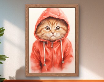 Enchanting Little Red Riding Hood Cat Drawing Style Digital Art Print Download Cool Cat Animal Wall Art Home Decor Cat Poster PNG SVG