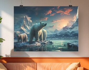 Majestic Polar Bears Ice Lake Mountains Digital Art Print Polar Bear Wall Art Animal Home Decor Polar Bear Animal Poster PNG SVG