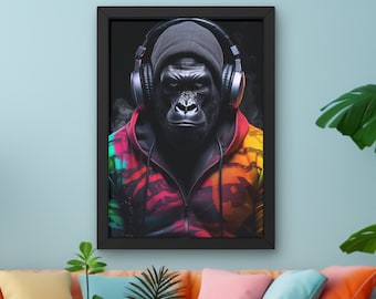 Groovy Gorilla in Rainbow Tracksuit, Gorilla with Headphones Digital Art Print Monkey Animal Wall Art Home Decor Gorilla Poster PNG