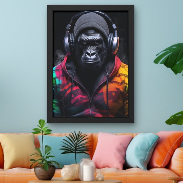 Groovy Gorilla in Rainbow Tracksuit, Gorilla with Headphones Digital Art Print Monkey Animal Wall Art Home Decor Gorilla Poster PNG