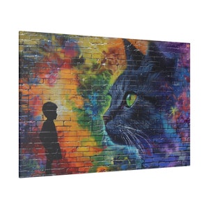 Boy with Cat Colourful Cat Canvas Rainbow Graffiti Street Art Canvas Print Multi Colour Cat Lovers Gifts Animal Canvas Cat Poster Print