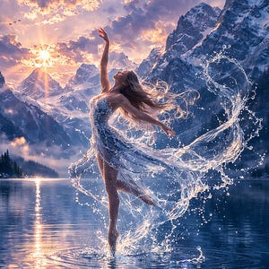 Puede incluir: Imagen de arte digital de una bailarina bailando en un lago, con agua salpicándola. Lleva un vestido azul claro y fluido. El fondo presenta montañas y una puesta de sol.