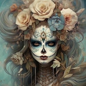 Patrón del Día de los Muertos 8 compatible con PDF, descarga digital instantánea, punto de cruz contado, impresión de tabla a color en blanco y negro