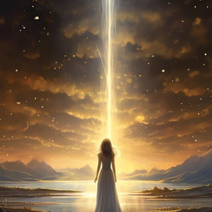 May include: A woman in a white dress stands on a hilltop, looking up at a bright light emanating from a swirling vortex in the sky. The light is surrounded by clouds and stars.