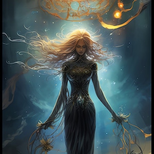 May include: A woman with long blonde hair stands in a dark, ethereal setting. She wears a long black gown with gold accents and is surrounded by swirling, golden tendrils. A large, glowing orb hangs above her, radiating light.