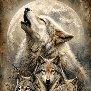 May include: A detailed illustration featuring four wolves in shades of brown, gray, and cream. One large wolf is shown howling upward toward a prominent full moon, while three other wolves are positioned below, looking forward and to the side.