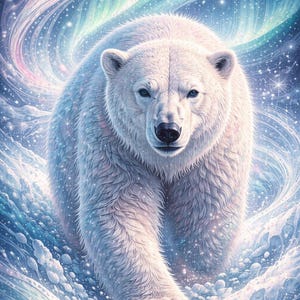 May include: A digital illustration of a polar bear walking towards the viewer. The bear is white with blue eyes and is set against a backdrop of swirling blue, purple, and pink colours, evoking a sense of the aurora borealis.