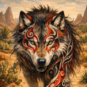 May include: An illustrated wolf with red and black tribal markings on its face and foreleg. The wolf has yellow eyes and is set against a desert landscape with cacti and mountains. The artwork is highly detailed and artistic.