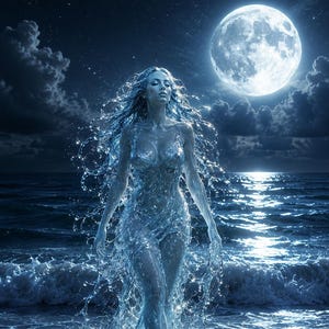 Peut inclure: Une silhouette entièrement composée d'eau bleue fluide, en forme humaine, marchant dans le ressac de l'océan la nuit. Le personnage a de longs cheveux en cascade d'eau et un corps liquide translucide, éclairé par une pleine lune brillante.