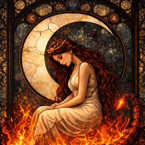 May include: A digital art image of the Scorpio zodiac sign. A woman with long red hair and a crown sits on a crescent moon, surrounded by flames and a large scorpion. The word "SCORPIO" is at the bottom.