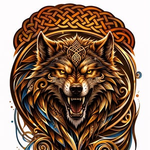 Peut inclure: Illustration détaillée d'une tête de loup avec une gueule ouverte et des dents acérées. L'œuvre présente des motifs de nœuds celtiques complexes en or et marron, avec des touches de bleu. Les yeux du loup sont jaunes, et le design est symétrique.