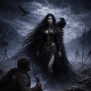 May include: A dark fantasy scene depicts a woman in a black gown with a raven on her shoulder, facing a kneeling warrior. The background shows a battlefield with fallen figures, spears, and a forest under a cloudy sky. The overall tone is somber and dramatic.