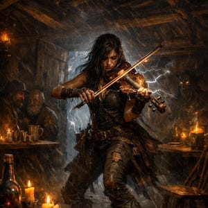 Può includere: Dipinto digitale di una donna che suona il violino in una taverna scarsamente illuminata durante una tempesta. I fulmini illuminano la scena, evidenziando il violino e l'abbigliamento della donna. L'ambientazione comprende tavoli, candele e altri avventori.