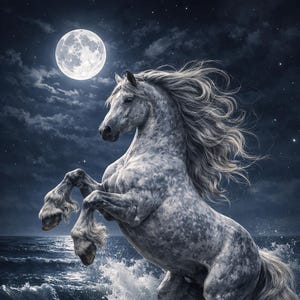 以下が含まれることがあります： 満月の下、海から立ち上がる雄大な灰色の馬。馬のたなびくたてがみと尾は薄い灰色で、海と空の濃い青色と対照的です。この画像は、力強さと自由の感覚を呼び起こします。