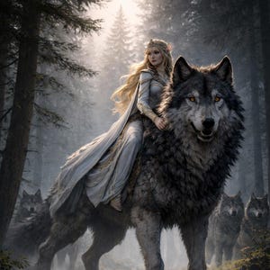 May include: A woman in a flowing white gown rides a large gray wolf through a misty forest. The wolf is the focal point, with other wolves in the background. The scene evokes a fantasy or mythical theme.
