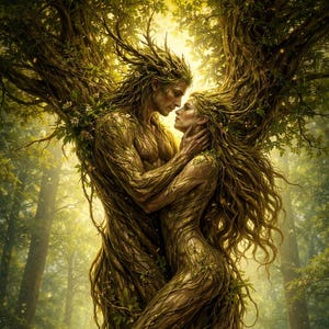 Puede incluir: Una obra de arte digital representa dos figuras entrelazadas con un árbol, sus cuerpos asemejan corteza y follaje. Un hombre y una mujer se abrazan en un bosque, con la luz del sol filtrándose entre los árboles.
