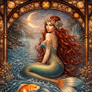 Puede incluir: Representación artística del signo zodiacal de Piscis. Una sirena con largo cabello rojo y una cola escamada verde y dorada está sentada cerca de una cascada. Dos carpas koi naranjas y blancas nadan debajo. La palabra "PISCES" está en la parte inferior.