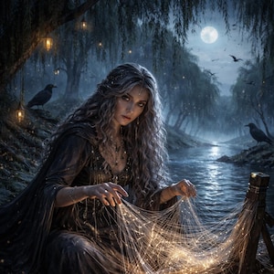 Puede incluir: Ilustración digital de una mujer con largo cabello gris, vestida con un vestido oscuro, cerca de un río, sosteniendo una estructura brillante en forma de telaraña. La escena nocturna incluye una luna llena y cuervos.