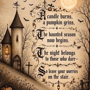 May include: A sepia-toned illustration featuring a stone tower, a full moon, and two glowing jack-o'-lanterns. The text reads: A candle burns, a pumpkin grins, The haunted season now begins. The night belongs to those who dare- So leave your worries on the stair.