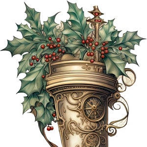 Peut inclure: Une chaussette de Noël de style steampunk ornée, blanche et dorée, avec une branche de houx et des baies rouges en haut.