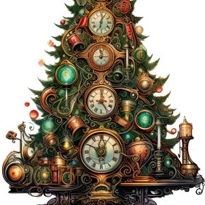 Puede incluir: Un árbol de Navidad verde decorado con esferas doradas, engranajes y adornos. El árbol está sobre un soporte dorado con ruedas.