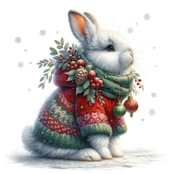 Watercolor Christmas bunny rabbit PDF instant digital download counted cross stitch pattern keeper compatible 14 ct BW, color chart printout