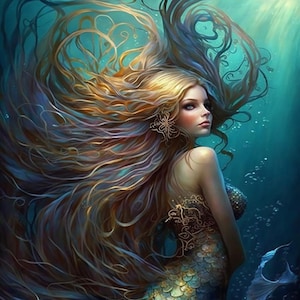 Patrón grande de sirena rubia, compatible con PDF, descarga digital instantánea, punto de cruz contado, 14 ct, blanco y negro, impresión de carta de colores