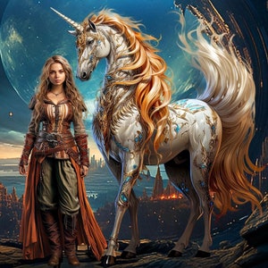 Menina e Unicórnio companheiros de busca padrão compatível com PDF download digital instantâneo fantasia 18ct BW impressão de padrão de cores medieval