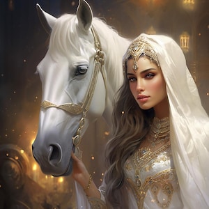 May include: A woman in a white gown with gold embroidery and a white veil stands next to a white horse. She is wearing a gold headpiece and jewelry. The background is a dark, blurry scene with lights.