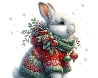 Watercolor Christmas bunny rabbit PDF instant digital download counted cross stitch pattern keeper compatible 14 ct BW, color chart printout