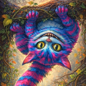 Peut inclure: Illustration fantaisiste du Chat du Cheshire, suspendu à l'envers à une branche d'arbre. Le chat arbore une fourrure rayée bleue et rose, de grands yeux jaunes et un large sourire. L'arrière-plan comprend du feuillage et une scène de forêt floue.